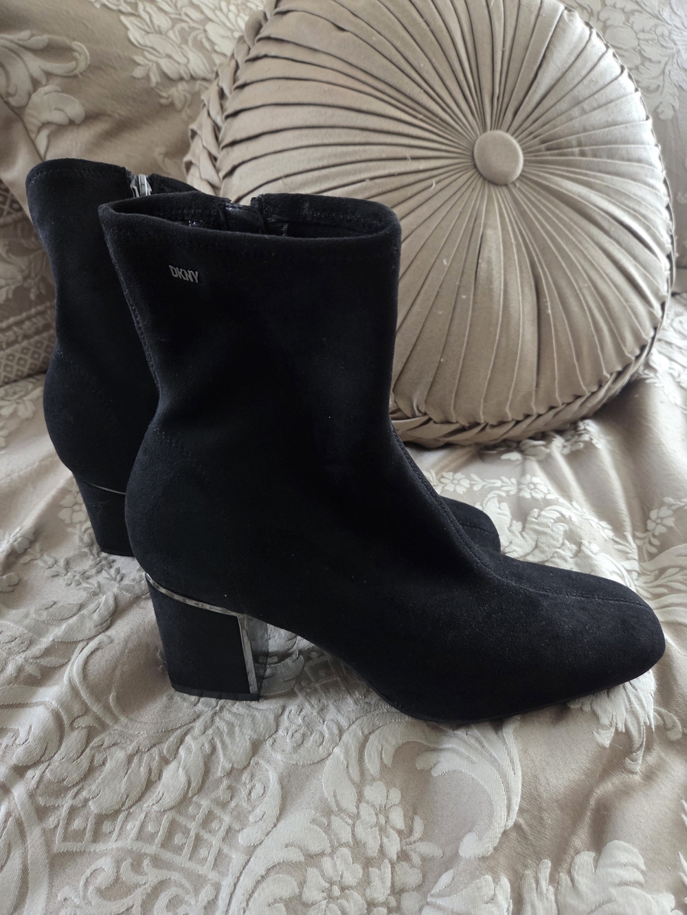 DKNY Black Suede Ankle Boots with Block Heel